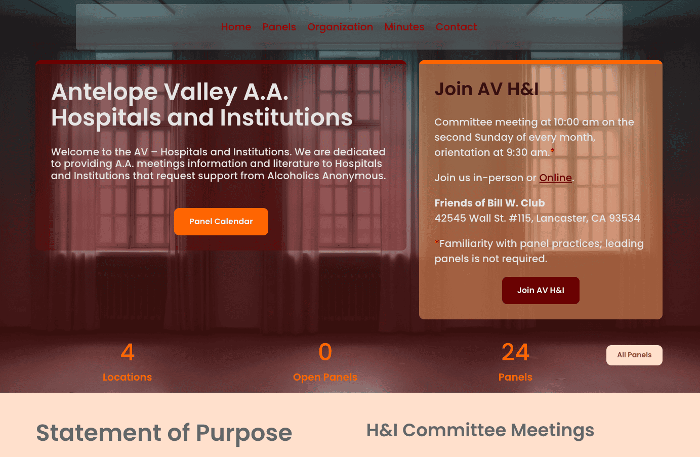 2026-05-24-Antelope-Valley-AA-HI Antelope Valley A.A. Hospitals and Institutions website homepage with mission statement and Join AV H&I callout.