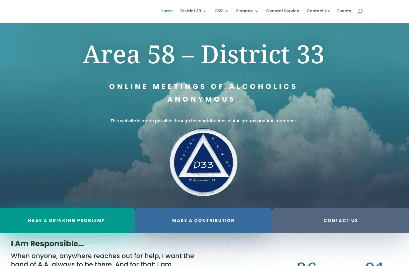 2026-05-24-Area-58-District-33-Online-Meetings-Site Area 58 District 33 Alcoholics Anonymous homepage promoting online meetings with the AA service triangle.