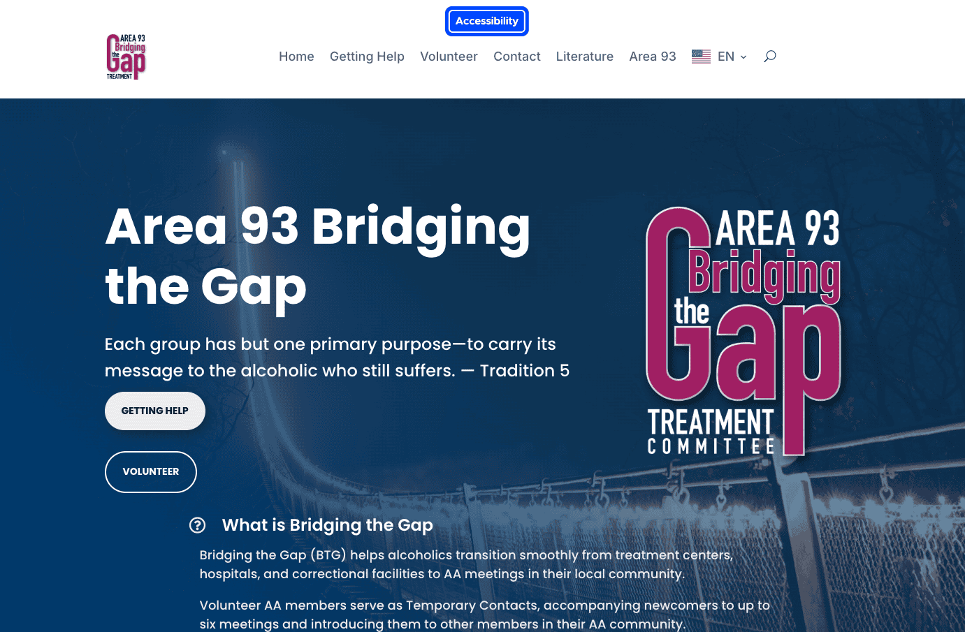 2026-05-24-Area-93-Bridging-the-Gap-Homepage Area 93 Bridging the Gap website homepage explaining the treatment-to-AA transition service for newcomers.