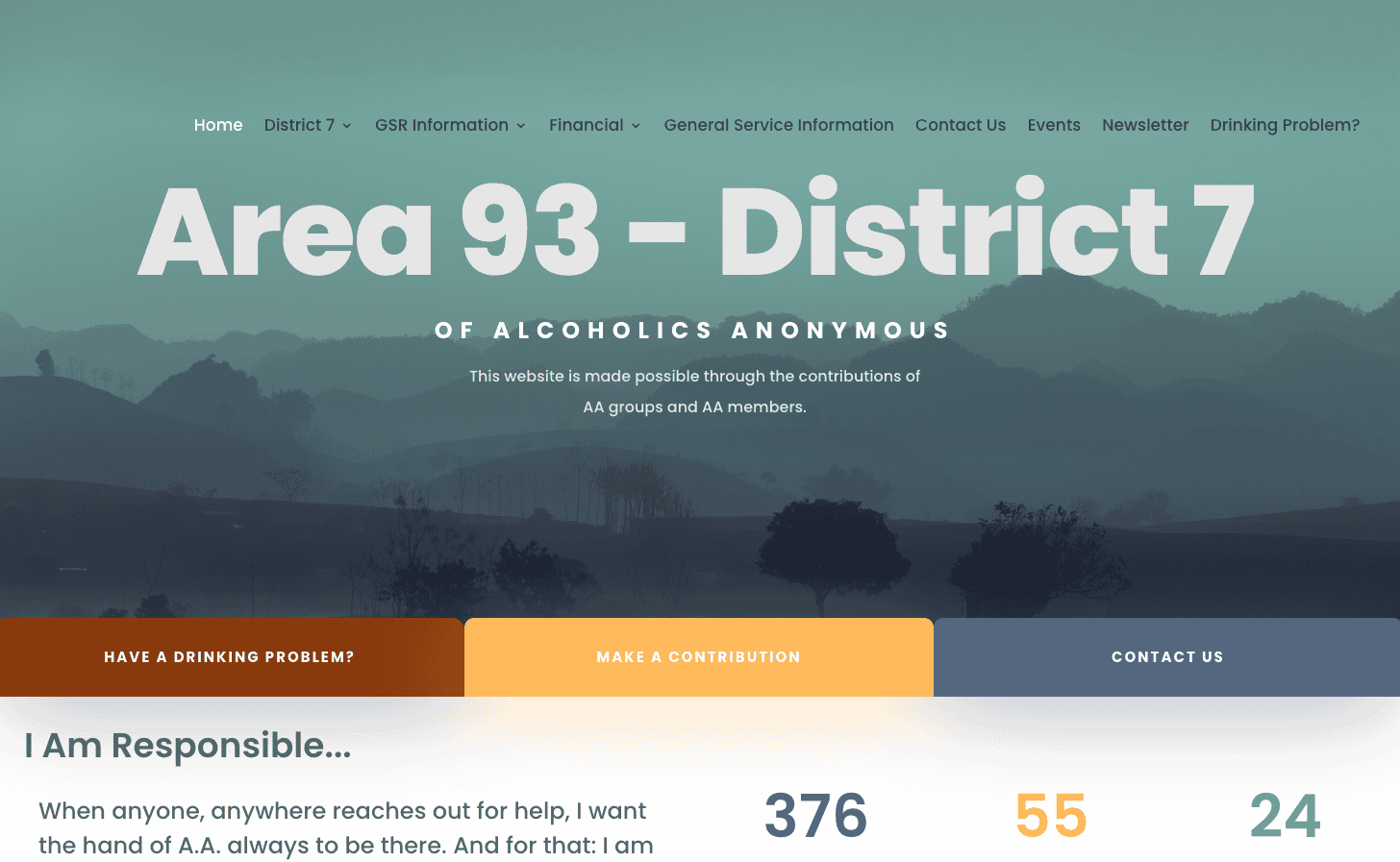 2026-05-24-Area-93-District-7-Homepage Area 93 District 7 Alcoholics Anonymous homepage with mountain background and member contribution counts.