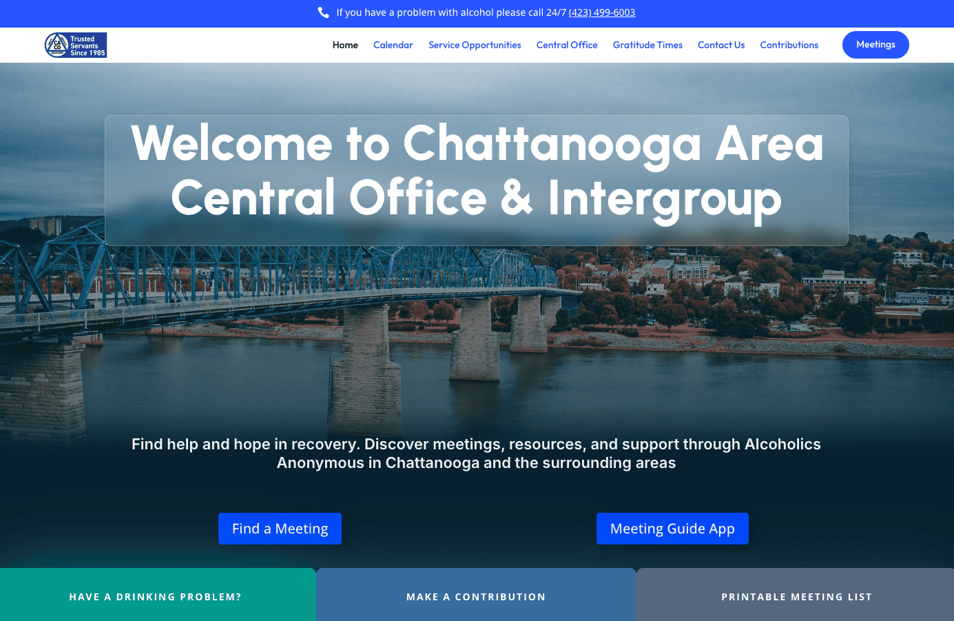 2026-05-24-Chattanooga-Area-AA-Central-Office-Homepage Chattanooga Area Central Office and Intergroup homepage with Find a Meeting and Meeting Guide App buttons.