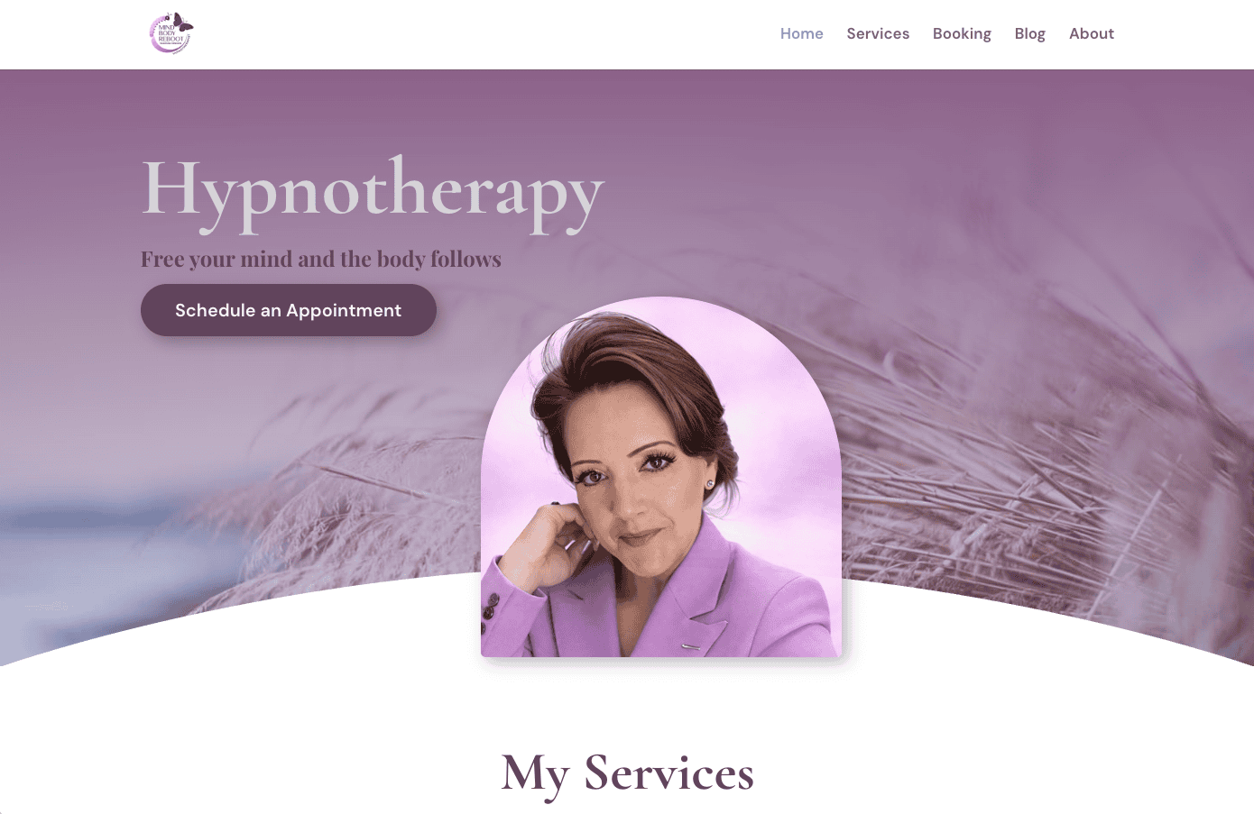 2026-05-24-Hypnotherapy-Site-Hero-Homepage Hypnotherapy site homepage hero, purple gradient with "Free your mind and the body follows" tagline.