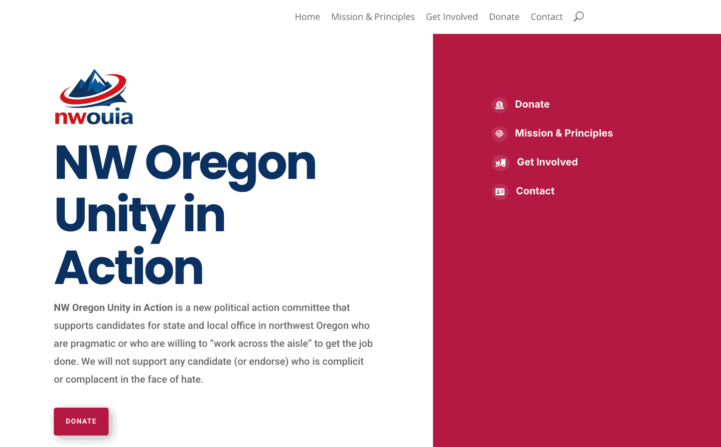 2026-05-24-NW-Oregon-Unity-in-Action-Homepage NW Oregon Unity in Action political action committee homepage with mission statement and Donate button.