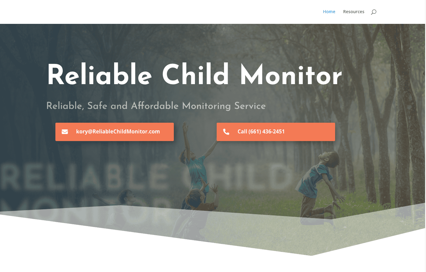 2026-05-24-Reliable-Child-Monitor-Site-Hero Reliable Child Monitor homepage hero, children playing in a forest with email and phone contact buttons.