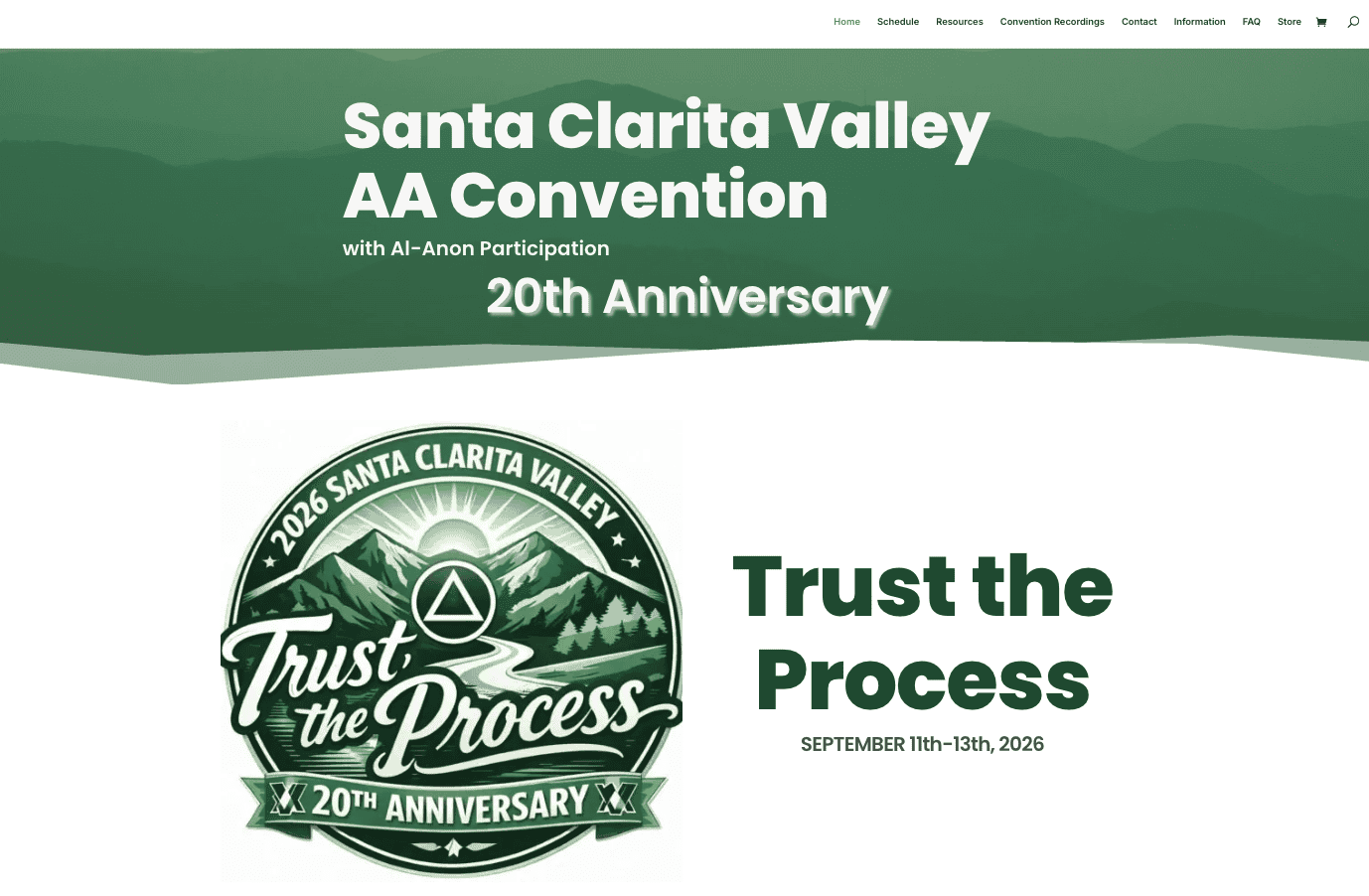 2026-05-24-SCV-AA-Convention-20th-Anniversary-Site Santa Clarita Valley AA Convention 20th Anniversary website with "Trust the Process" theme, September 11–13, 2026.