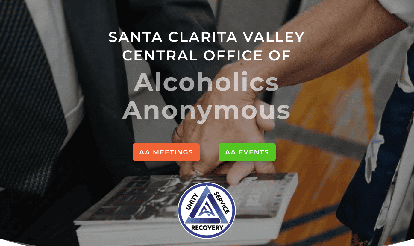 2026-05-24-Santa-Clarita-Valley-AA-Central-Office-Homepage Santa Clarita Valley Central Office of Alcoholics Anonymous homepage with AA Meetings and AA Events buttons.