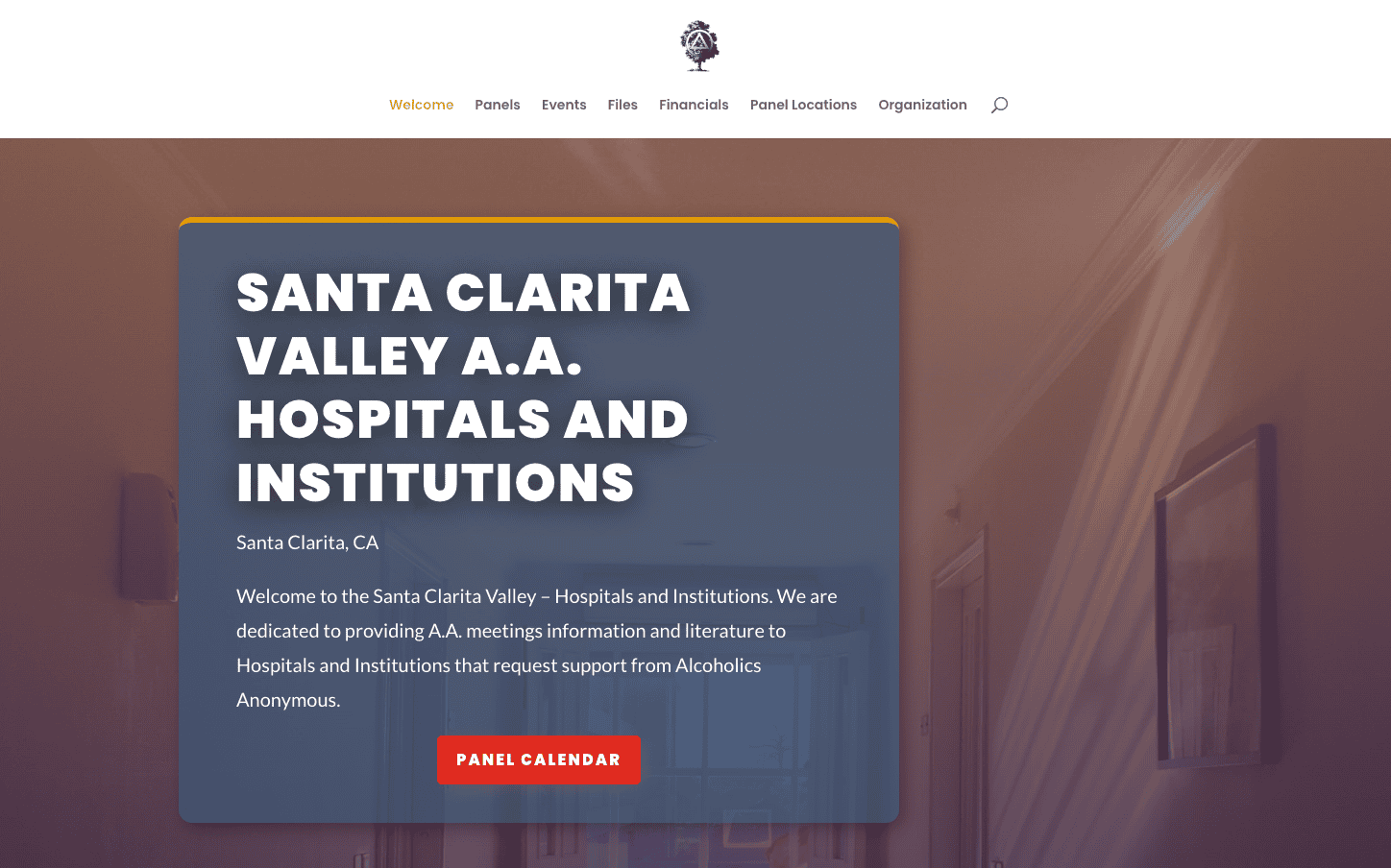 2026-05-24-Santa-Clarita-Valley-AA-HI-Homepage Santa Clarita Valley A.A. Hospitals and Institutions homepage hero with Panel Calendar call-to-action.