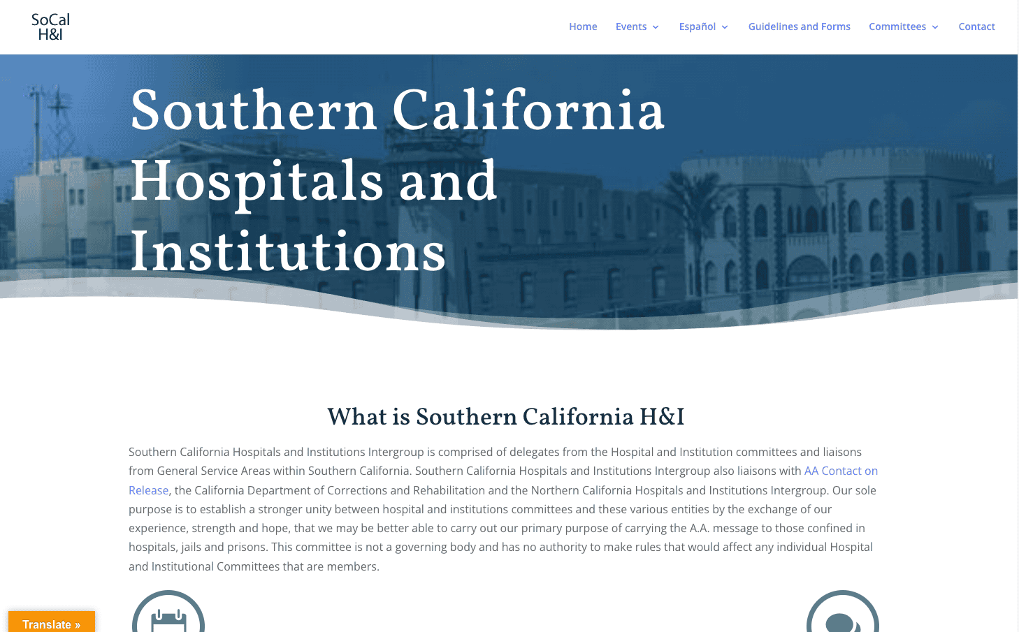 2026-05-24-Southern-California-AA-HI-Homepage Southern California Hospitals and Institutions Intergroup homepage with mission overview and Contact Us link.